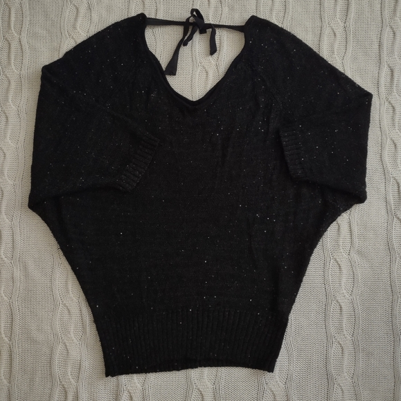 LOFT Black and Sparkle Dolman Sleeve Short Sleeved Sweater with Tie Accent Sz. S - Picture 4 of 5